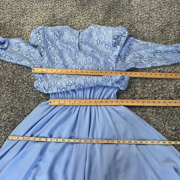 Vintage Cocktail Dress Size 14 Light Blue Lace Bow Puff Sleeve Formal Party Midi - Picture 13 of 16